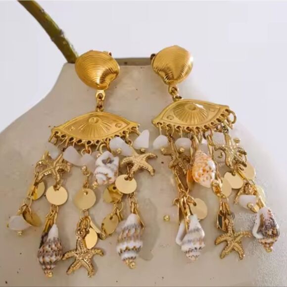 New ANTHRO Evil Eye Seashell Fringe Dangle Earrings - Picture 6 of 9